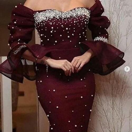 SuperKimJo Vestidos De Fiesta De Noche Burgundy Beaded Evening Dresses Long Sleeve Evening Gown Dubai Vestidos Elegantes