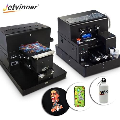 Jetvinner A4 size LED UV printer and A4 size T-shirt DTG flatbed printer for phone case, bottle, cylinder, acrylic, clothing