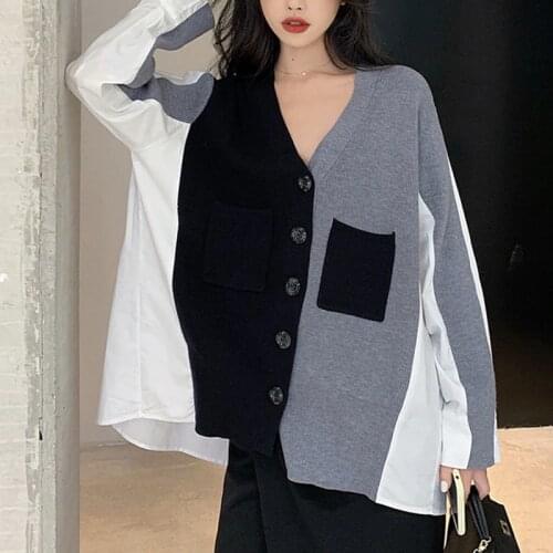 Womens sweaters spring autumn loose V-neck stitching sweater cardigan jersey mujer pull femme nouveaute 2020 punk jumper female