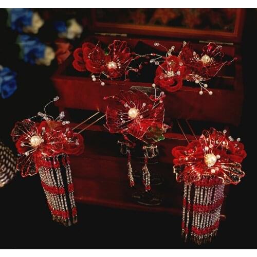 Chinese National Style Brides Tiara Headdress Beautiful Flannel Tassel Red Hair Ornament Classical Wedding Hair Accessories