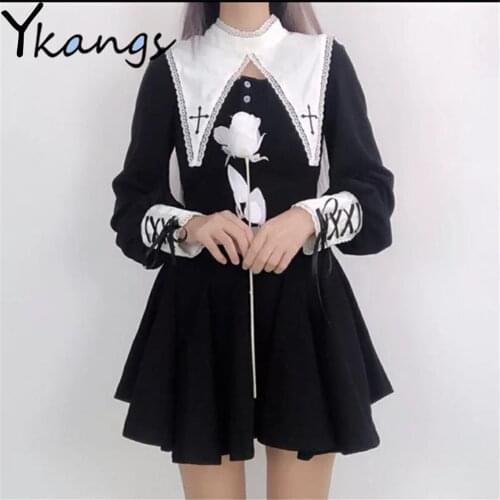 Gothic Lolita Embroidery Mini Dress Dark Preppy Style Punk Black Bandage Vestidos Autumn Harajuku Kawaii Temperament Streetwear