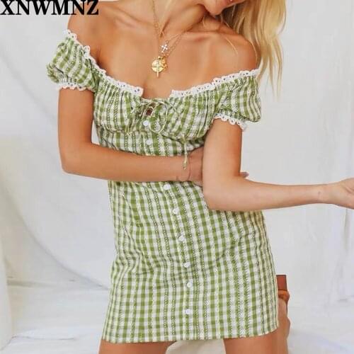 XNWMNZ Sexy plaid off shoulder lace short dress women Summer elegant casual cool bodycon dress Beach daily mini dress vestidos