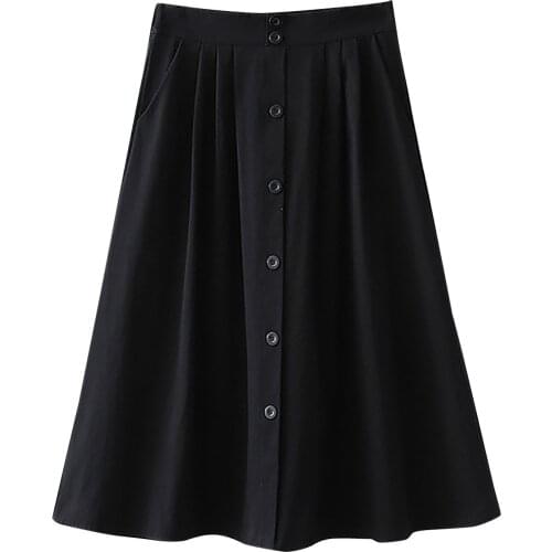 Women Summer Cotton Skirt Girls Elegant Solid Elastic Waist Spring Casual Single-breasted Office Ladies A-line Midi Skirt Saia