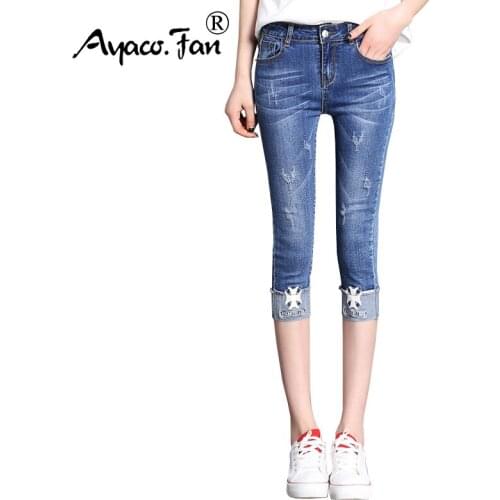 2019 Summer Jeans For Women Skinny Cuffs Calf-Length Pants Lady Stretch Appliques Women Denim Pencil Pants Calca Feminina
