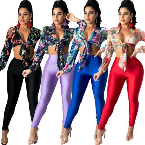 2021 Best Quality Fashion Design 2 pcs Women Set Print V-neck Short Tops Long Pants Autumn Sexy Club Outfits