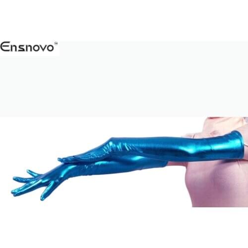 Ensnovo Women Spandex Polyester Black Shiny Metallic 22" Long Sleeve Cosplay Costumes Wet Look Opera Length Evening Gloves