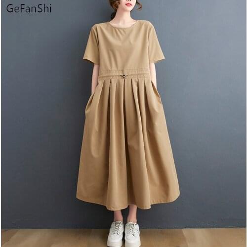 2021 Summer Womens Dress Simple Art Solid O-Neck Dress Casual Loose Short Sleeve Elegant Ladies Dresses Black Khaki