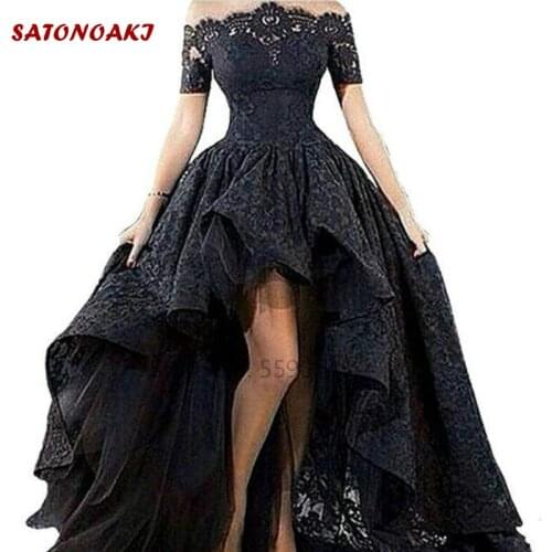2020 Short Black Lace Wedding Dress Strapless Hi-Low Floor Length Off The Shoulder Bridal Gown Custom Made Vestido De Novia