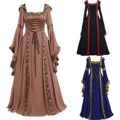 New Women Fashion Vintage Style Medieval Dress Gothic Floor Length Women Cosplay Dress Retro Long Gown Girls Halloween Ball