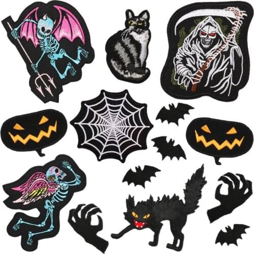14pcs Halloween Fusible Embroidered Patches Iron on Transfers for Clothing Skull Sewing Thermal Appliques Sticker Decoration