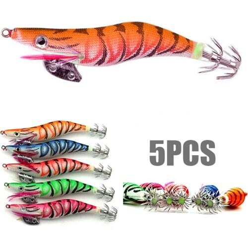 5PCS 13g/11cm Luminous Squid Jig Fishing Wood Shrimp Lure Squid Cuttlefish Jigs Lures Spinner Bait Wood Shrimp with Hook New Hot
