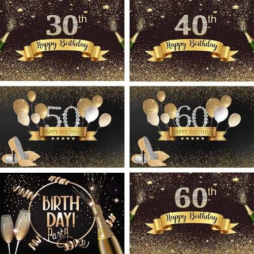 Avezano 50th 60th 30th Adults Birthday Party Backdrops Black Golden Glitter Champagne Balloon Decoration Photography Background
