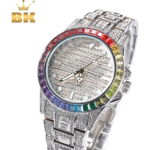 THE BLING KING Baguette CZ Watches Rainbow Surround Full Iced Out Big Dial Watch Men Stainless Steel Fashion Luxury Quartz Watch