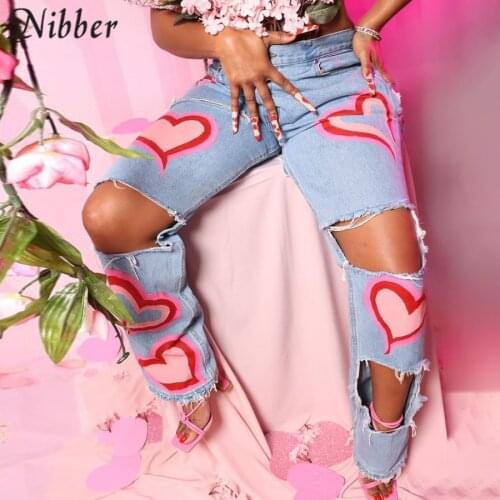 Nibber Denim Trousers Personality Hole Hollow Design Peach Heart Print Trend Straight-leg Pants For Women Out Of Street Hot 2021
