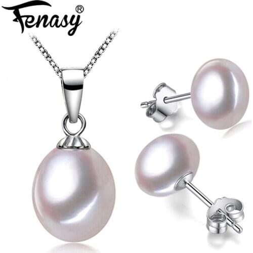FENASY Trendy Jewelry Sets Wedding Engagement Event Natural Pearl Pendant Necklace 925 Sterling Silver Stud Earrings For Women