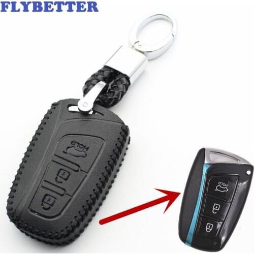 FLYBETTER Genuine Leather KeyChain 3Button Smart Key Case Cover For Hyundai I45/Santafe/Solaris/Tucson/Accent Car Styling L222