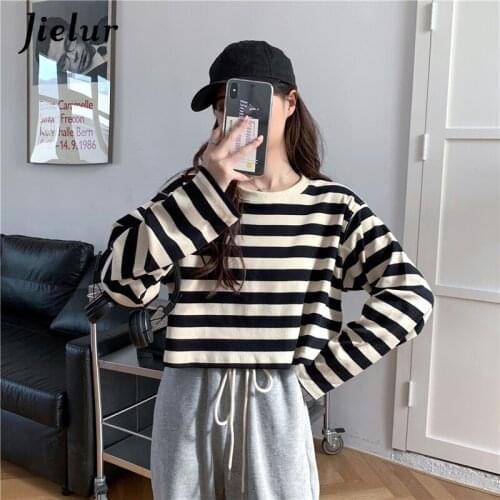 Jielur Spell Color Striped Womens Sweatshirt Harajuku Fashion Loose Thin Female Pullover 2021 Autumn New Cropped Hoodie M-XL