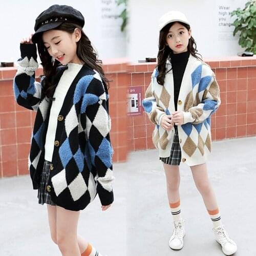 Spring Autumn Kids Mink Cashmere Knitted Cardigan Plaid Long Sleeve Teenage Sweater Single Breasted Children Sweater 5-15T