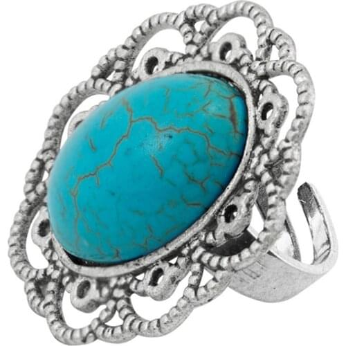 Silver Plated Decorative Pattern Oval Shape Green Turquoises Stone Resizable Finger Ring Classic Style Jewelry