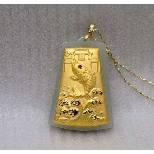 Men Womens FengShui Pendants Luxury Jewelry 24K Gold A Fish Leaping Over The Dragon Gate Amulet Jadeite Necklace For Students