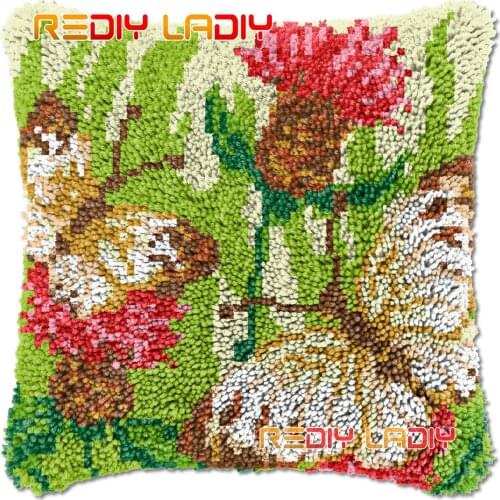 Latch Hook Cushion Two Butterflies DIY Needlepoint Kits Chunky Acrylic Yarn Arts Crocheting Lofty Pillow Case Hobby & Crafts