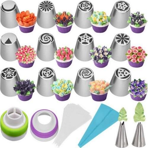 22pcs/Set Russian Tulip Icing Piping Nozzles Stainless Steel Flower Cream Pastry Tips Nozzles Bag Cupcake Cake Decorating Tools