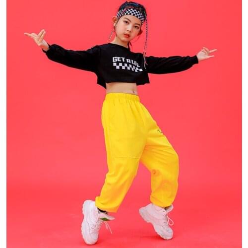 2021 New Children Hip Hip Modern Dance Costumes Black Long Sleeved Yellow Pants Girls Jazz Performance Wear Rave Clothes DQS6982
