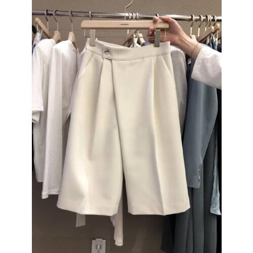 2021 summer new womens all-match high-waist buttoned solid color casual pants trousers five-point pants