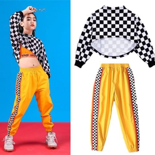 Ropa de Hip-Hop para niñas, sudadera a cuadros, Tops recortados, pantalones holgados para correr, disfraces de Jazz para niños