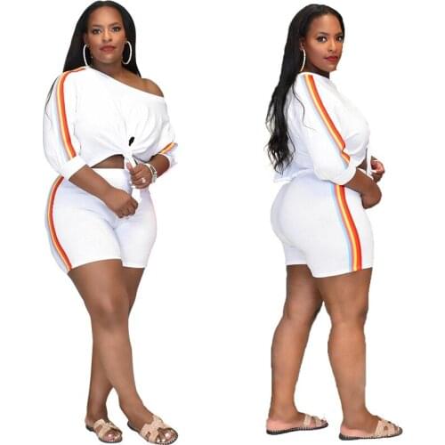 Plus Size Solid Color Womens Clothing Fashion Round Neck Personality Striped Side Sexy Umbilical Strap Casual Two Piece Suit