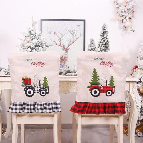 Cartoon Gift Tractor Red Black Plaid Skirt Christmas Chair Cover Kitchen Table Chair Covers Christmas Happy New Year Party Decor
