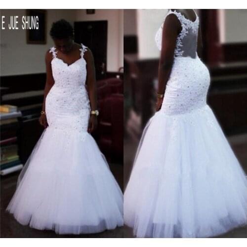 E JUE SHUNG African Beaded Mermaid Wedding Dresses Spaghetti Strap Sheer Back Bridal Gowns Bride Dresses vestido de noiva