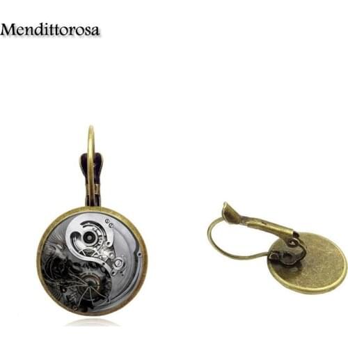 Mendittorosa Ying Yang Taichi Vintage Jewelry Glass Cabochon Bronze/Silver/Golden Clip Ear Hook Drop Earrings For Women