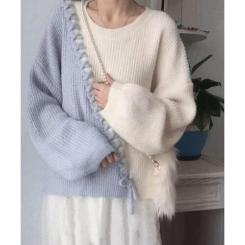 Knitted Loose Knit Sweater Womens Sweater Bottoming Shirt Round Neck Two-Color Sewing 2021 Autumn Winter New Style