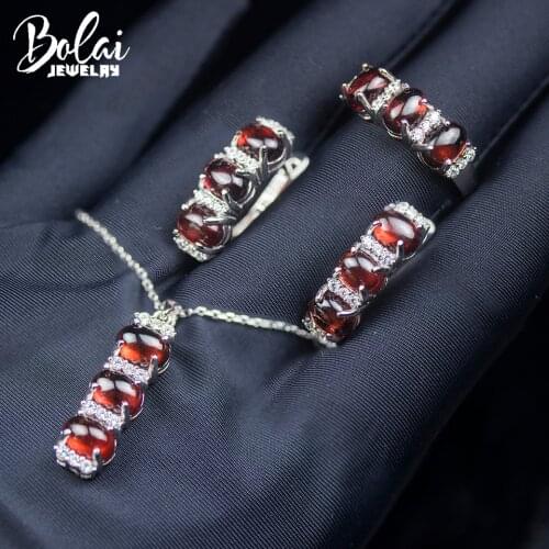 Bolai Natural Garnet Jewelry Sets Kits 925 Sterling Silver Necklace Earrings Ring 7*5mm Gemstone Jewelry for Woman Birthday Gift