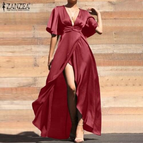 ZANZEA Fashion Women Summer Maxi Long Dress Elegant Deep V Neck Short Sleeve Party Sundress Solid Casual Asymmetrical Vestidos 7