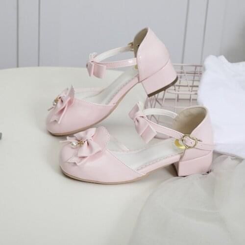 Kawaii Summer Girl Lolita Sandals Bow Middle Heel Loli Wear Anime Cosplay Cute Female Elegance Ladies Pearl Buckle Sweet Gothic