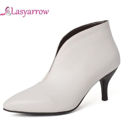 Lasyarrow Women Riding Ankle Boots Black White Spring Autumn Pointed toe Fashion Slip On Shoes Casual Ladies boots high heels