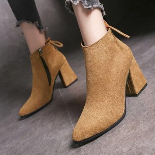 2021 New Winter Retro Women Warm Fashion Womens Boots Vintage Block Heel Ankle Boots Side Zipper High Heels Women Shoes