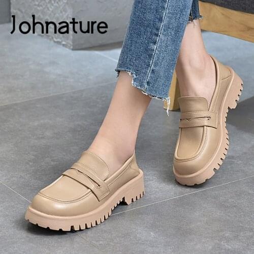 Johnature Genuine Leather Pumps Women Shoes 2021 New Spring/Autumn Platform Heels Handmade Concise Shallow Leisure Ladies Shoes