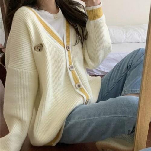 Girl Chic V-neck Students Womens Cardigan Kawaii Harajuku Embroidery Cartoon Lovely Sweet Korean Style All-match Sweater Coat