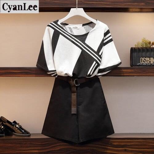 Cyanlee 2020 Summer Women Two Piece Set Casual O-neck Loose T-shirt Top + Shorts Solid Belt Wide Leg Shorts Fashion 2 Piece Set