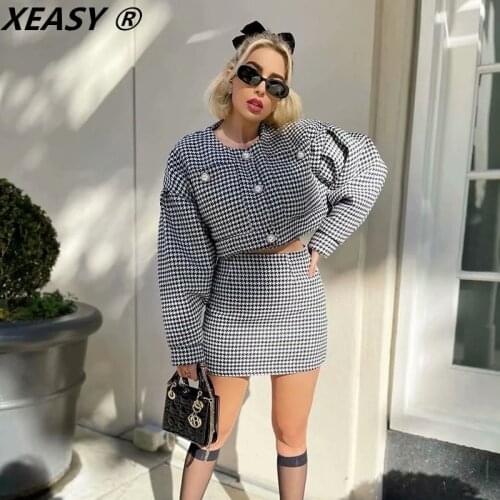 XEASY 2021 Women Vintage Pearl Button Check Gingham Plaid Tweed Blazer Female High Waist A-Line Mini Short Skirts Suit 2 Set