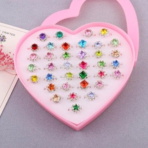 12/24/36PCS/set Adjustable Kids Rings Jewelry Star Crystal Animal Resin Open Finger Ring For Children Girls Birthday Party Gift