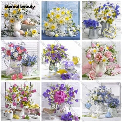 5D Diy Diamond Painting Full Drill Diamond Embroidery Fresh Flowers Mosaic Vase Needlework Handmade Artwork for Home Decoration