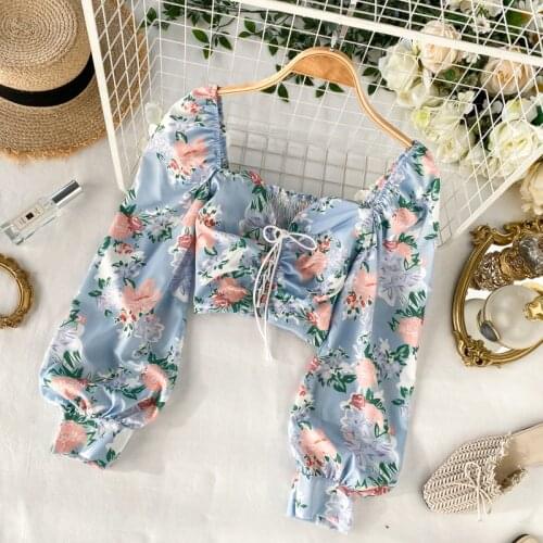 Elegant Print Blouses Women Square Collar Lantern Long Sleeve Tunic Ruched Shirts Female Clothing 2020 Fashion Tide G1233