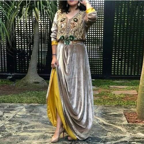 Elegant Silver A-line Moroccan Kaftan Prom Gown Appliques Long Muslim Evening Dress Beaded Velour Arabic Dubai Party Dresses