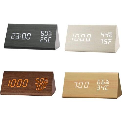 Humidity And Temperature Alarm Clock Triangle Digital Baby Room Wood Clock Mute Luminous Led Electronic Gift Home Decoration