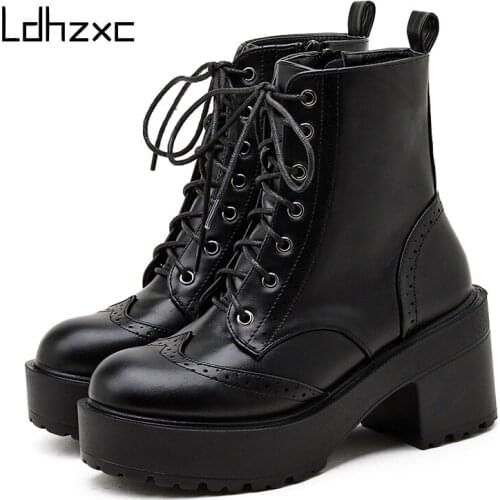 Gdgydh 2020 Chunky Heel Ankle Boots For Women Platform Solid Black Ladies Shoes Fashon Sewing Fretwork Female Motorcycle Boots