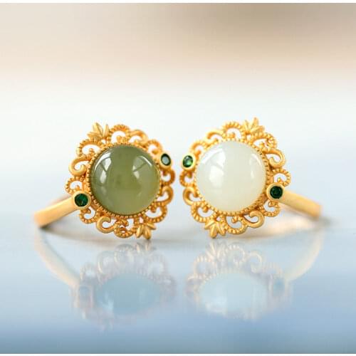 Natural Hetian Sapphire Opening Adjustable Ring Chinese Retro Palace Style Luxury Aristocratic Charm Womens Silver Jewelry